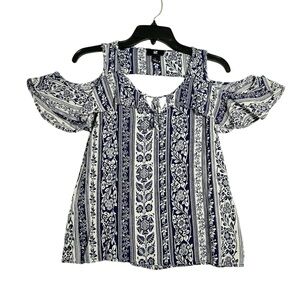 Iz Byer Blue and White Patterned Cold Shoulder Blouse